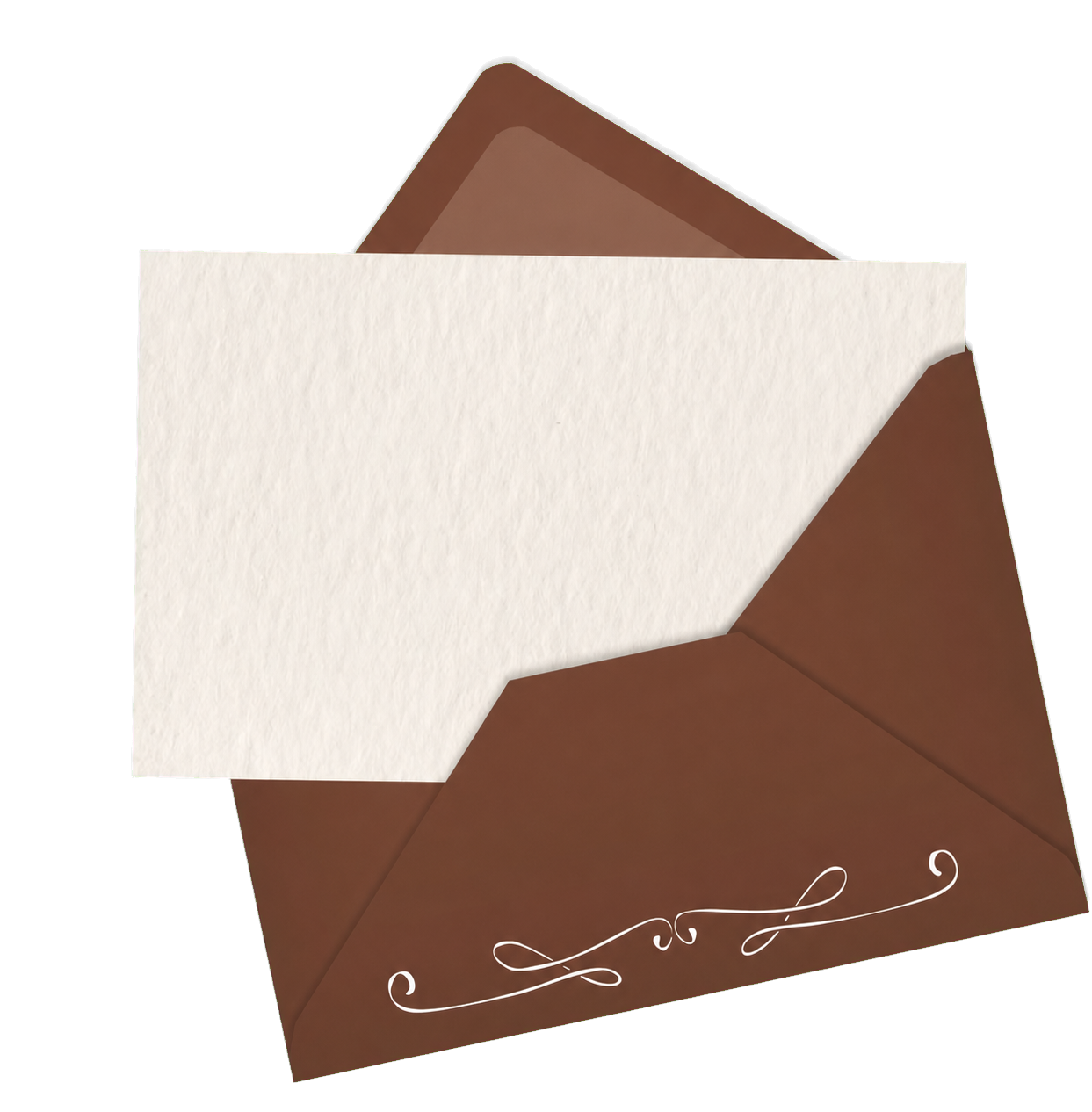 Open chocolate brown envelope with an emerging cream letter