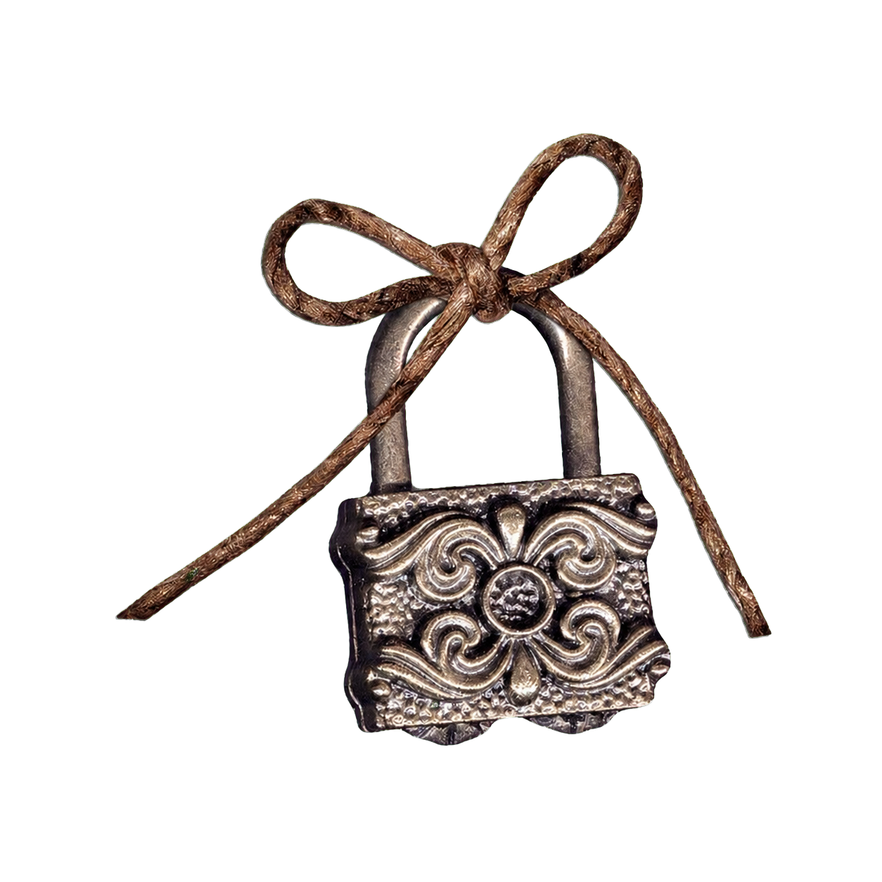 Antique engraved padlock tied with a brown cord bow